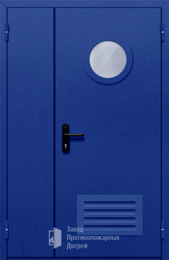 Фото двери «Полуторная с круглым стеклом и решеткой (синяя)» в Сергиеву Посаду