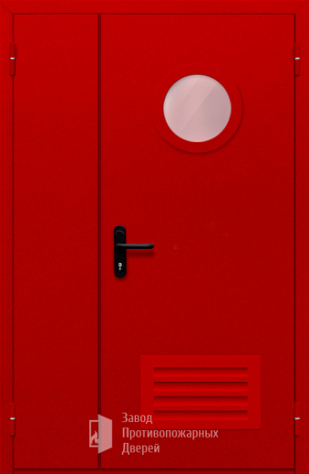 Фото двери «Полуторная с круглым стеклом и решеткой (красная)» в Сергиеву Посаду