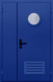 Фото двери «Полуторная с круглым стеклом и решеткой (синяя)» в Сергиеву Посаду