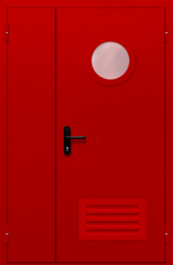 Фото двери «Полуторная с круглым стеклом и решеткой (красная)» в Сергиеву Посаду